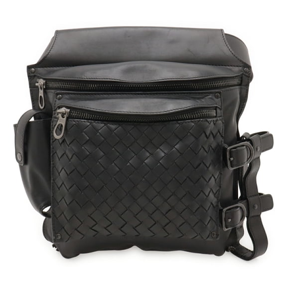 Pre-Owned BOTTEGA VENETA Intrecciato Waist Bag, Black Leather, 121604