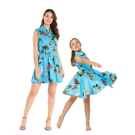 

Matching Hawaiian Luau Mother Daughter Shirt Dresses in Christmas Santa in Hawaii