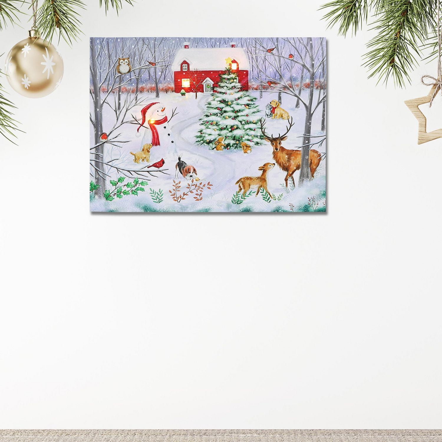 Christmas Led Canvas Wall Art Snowman With Animals 12X16