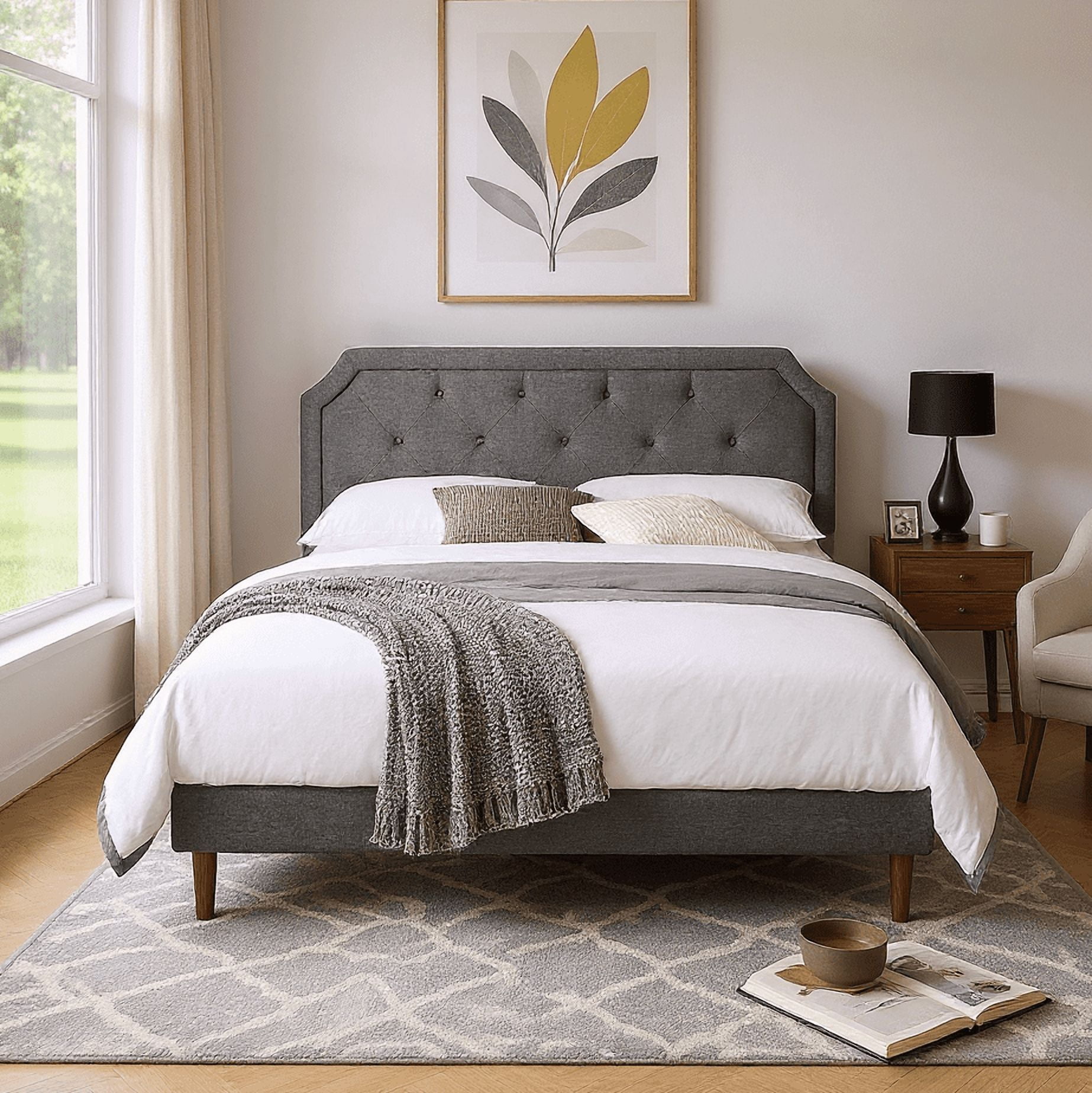 Gewnee Full Size Platform Bed Frame with Gray Upholstered Adjustable Headboard and Wood Slats.No Box Spring Required.