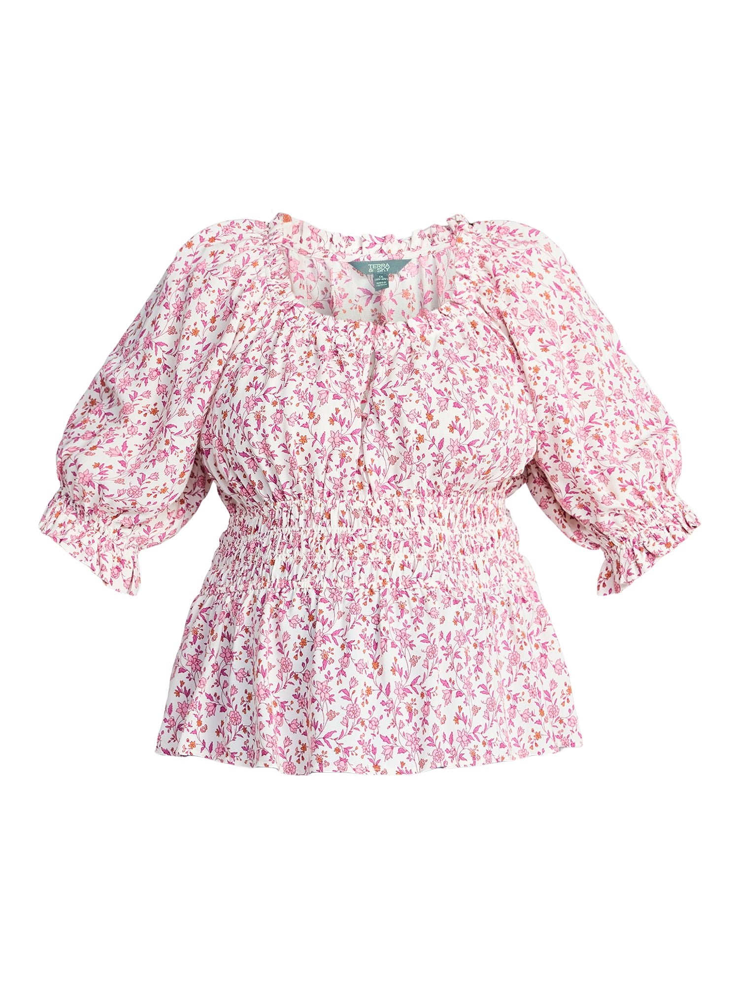 Terra & Sky Women’s Plus Smocked Waist Blouse, Sizes 0X-5X
