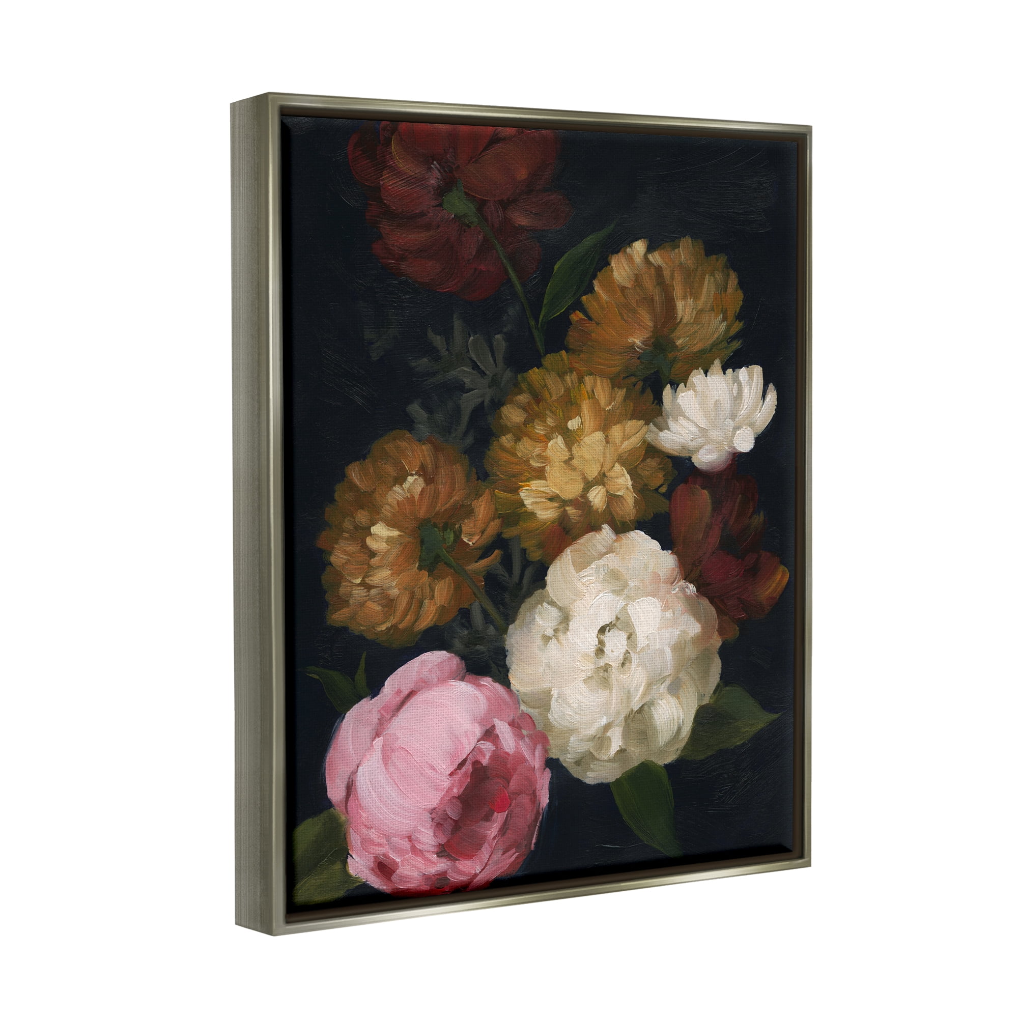 Stupell Industries Mixed Carnations Bouquet Botanical & Floral Painting Gray Floater Framed Canvas Art Print Wall Art, 25 x 31