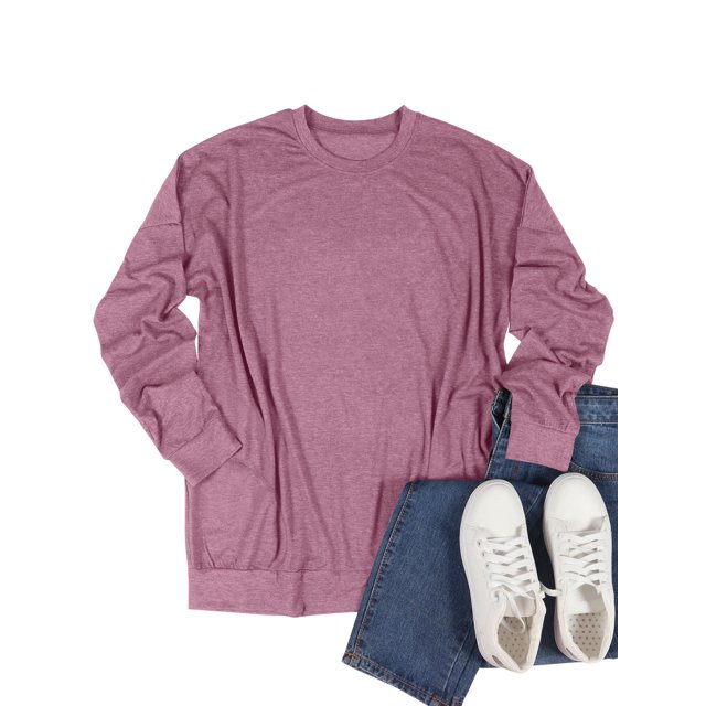 Women Pockets Crew Neck Long Sleeve Solid Color Pullover Shirt
