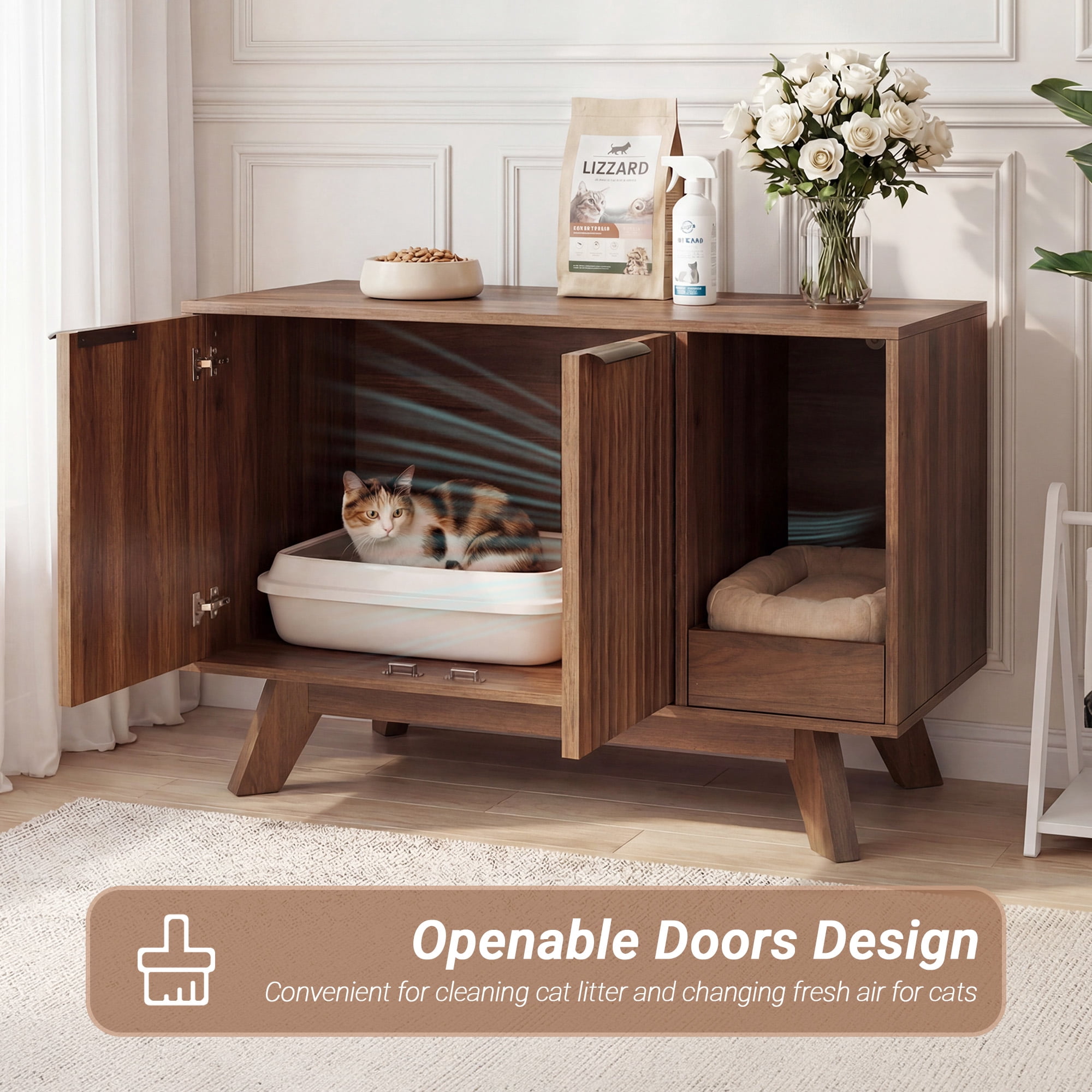 Innovar Modern Cat Litter Box Enclosure - 31.5" Hidden Cat Litter Box Furniture for 2 Cats, Indoors Cats Washroom Cabinet with Divider & Scratching Pad for Most Cat Litter Box,Walnut