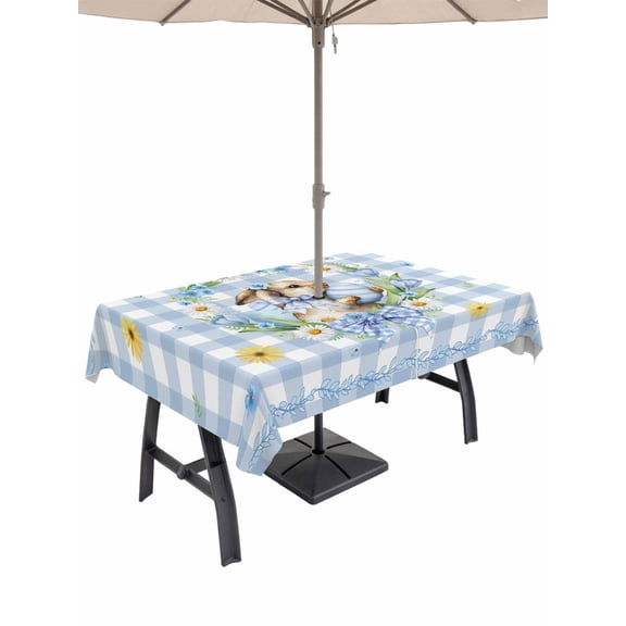 Easter Rabbits Outdoor Tablecloth - 54x80 Inch Rectangle Dining Table Cover, Spring Eggs Tulips Daisy Wreath Bunny Blue Plaid Waterproof Outdoor Table Cloth with Umbrella Hole & Zipper for Patio