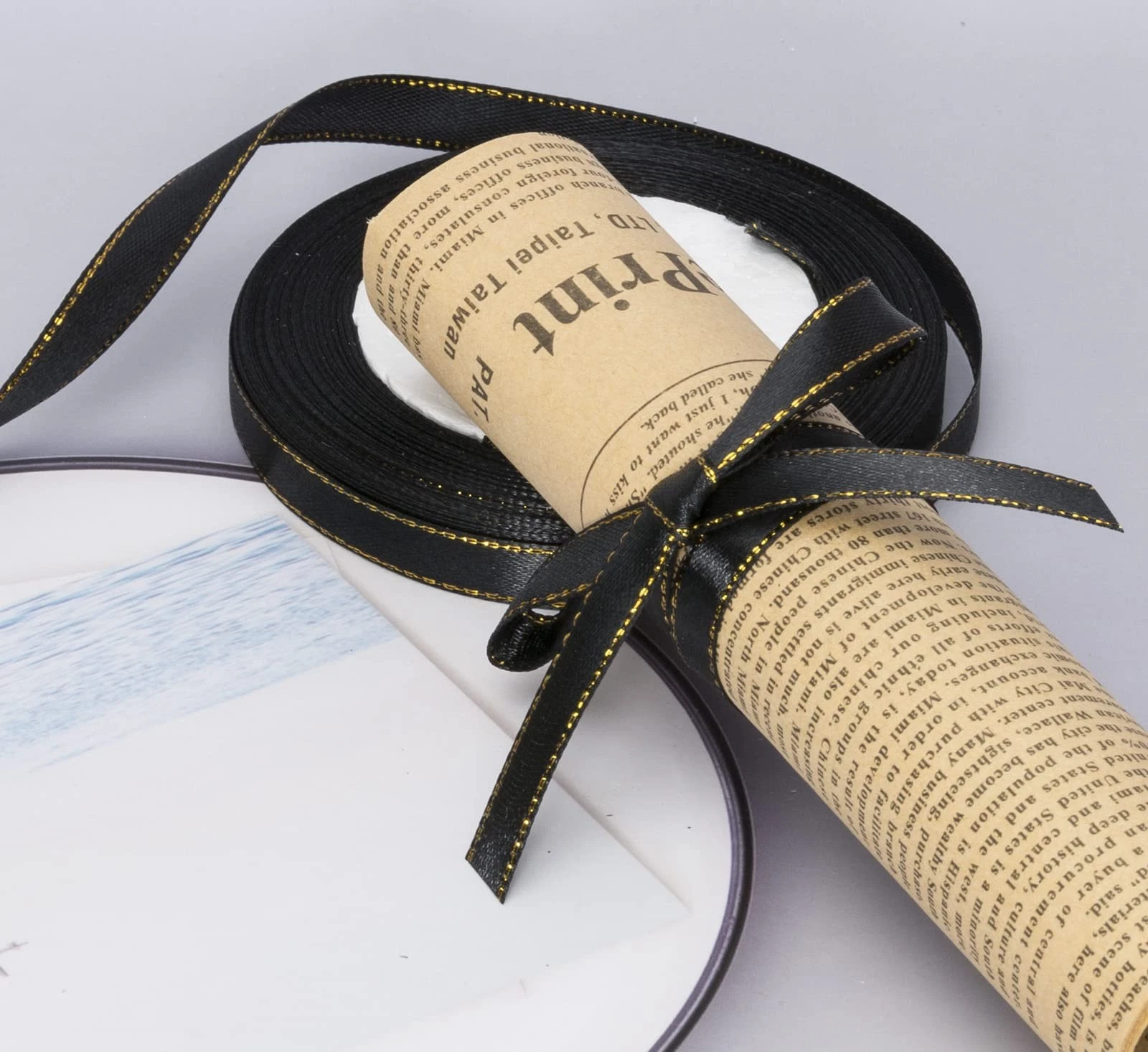 50 Yds 3/8 Black Satin Ribbon, Gold Edges, Border, Gift Wrapping, Crafts
