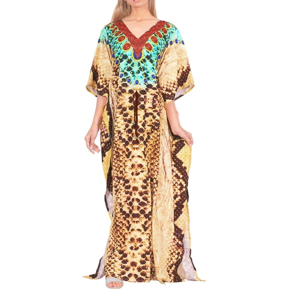 LA LEELA Women's Summer African Beach Maxi Slit Dresses Caftan Loungewear Dashiki Print Casual Cover up Caftans for Women Plus 2X-3X Ginger, Animal Skin