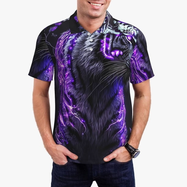 Fotbe Purple Plant White Tiger Camiseta Polo de Golf para Hombre con Estampado – Camisa Deportiva Transpirable con Cuello Abotonado-4X-Large