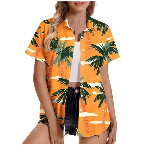 Pantalones Cortos para las Mujeres Sexy, Blusas de Estilo Hawaiano Impreso, Botón Arriba Cuello Turndown Superior
