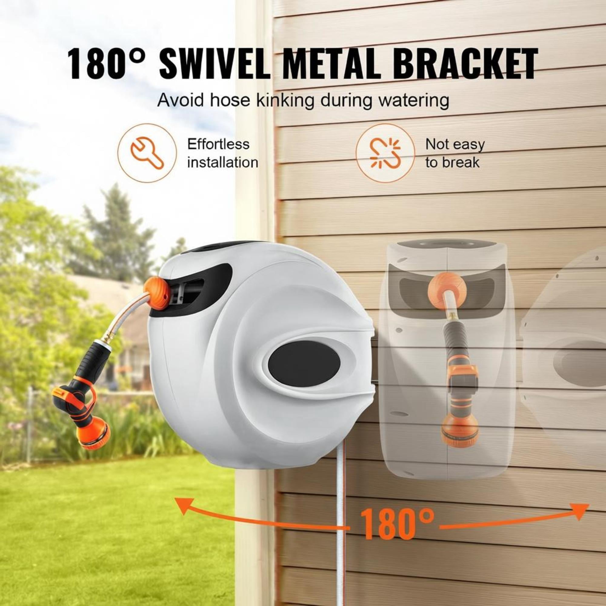 Retractable Garden Hose Reel, 100 ft x 1/2 Inch, with 9-Pattern Nozzle, Automatic Rewind, Wall Mounted