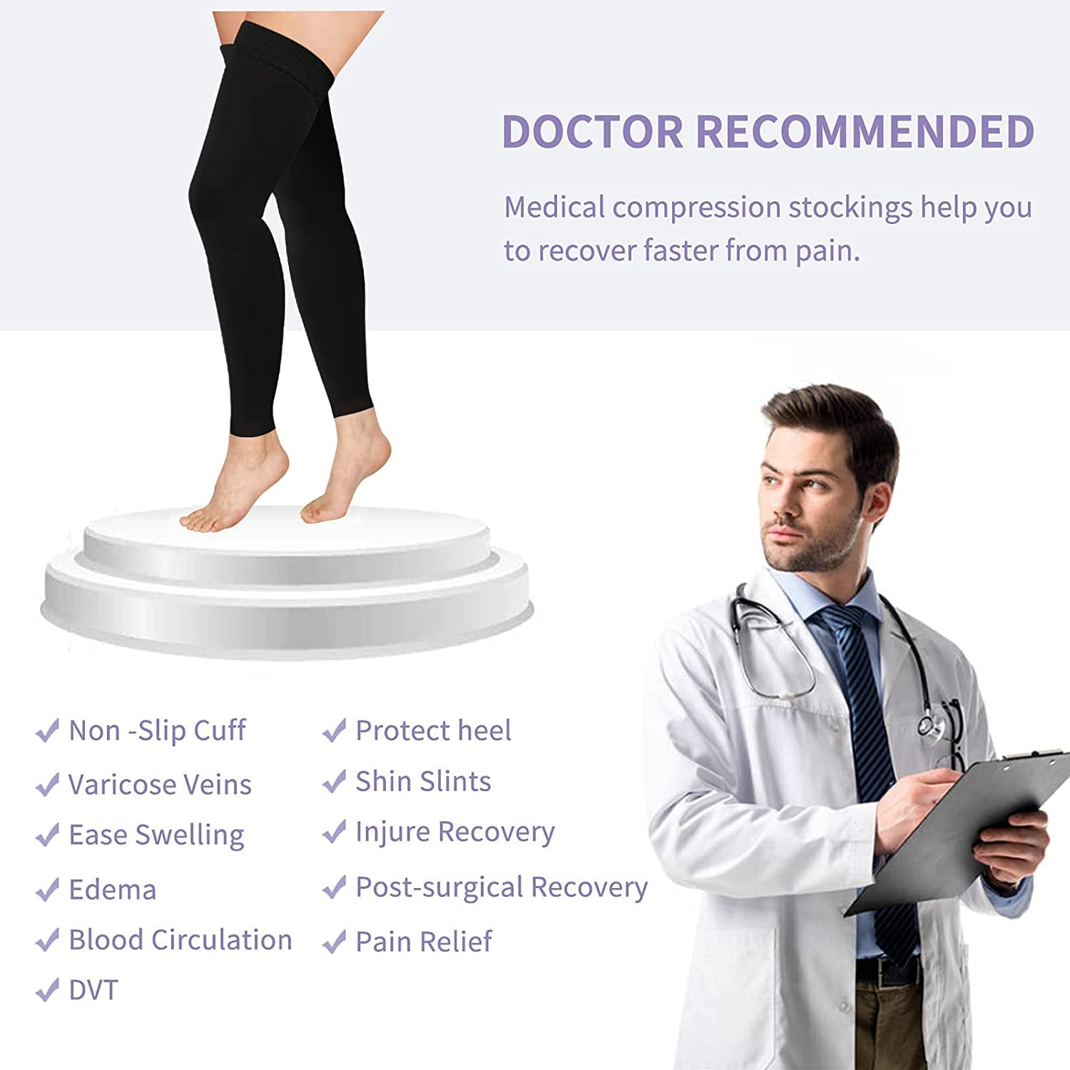 Wukang 20-30mmHg Black Thigh High Compression Stockings Footless Compression Socks for Women & Men（1 Pair , L Size）