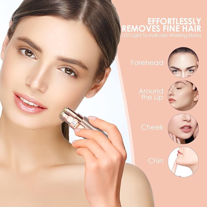 Eyebrow & Facial Trimmer: 2 in1 Rechargeable Facial Hair Removal & Eyebrow Shaver - Body Razor with Built-in LED Light (Rose Gold)