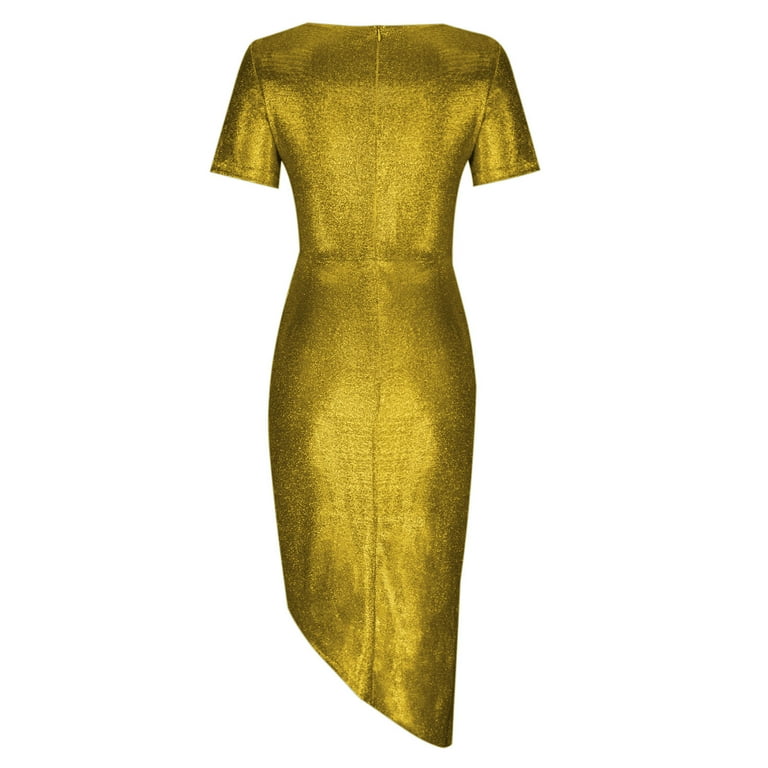 gold wrap dress short AKOEE Womens Glitter Shiny Wrap Dress Short Sleeve V Neck Sparkly Evening Party Wedding Guest Gowns Sexy Clubwear (Small, Yellow), Women's