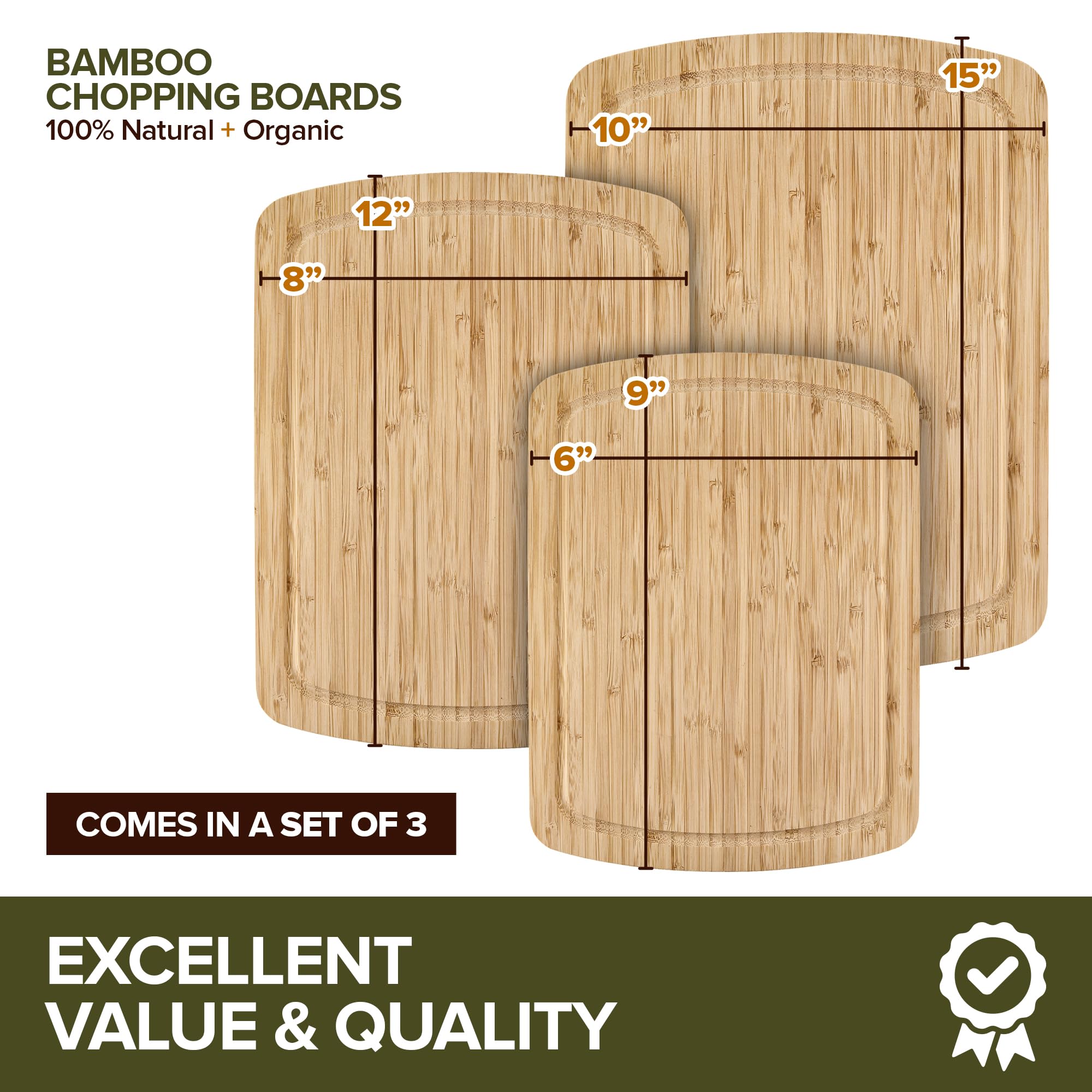Wood Cutting Boards for Kitchen Counter – Organic Bamboo Cutting Board Set with Stick-On Grips (3 Pack), Thick Non-Slip Wooden Chopping Boards for Meat, Cheese, Produce & Serving