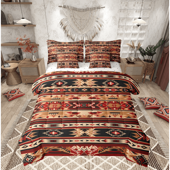 Western Bed in a Bag Queen Comforter Set 7 Piece,Southwestern Sheet Set with Comforter,Geometric Aztec Bedding Sets,Retro Exotic Stripes Bed Set Geometry Triangle Western Decor for Bedroom