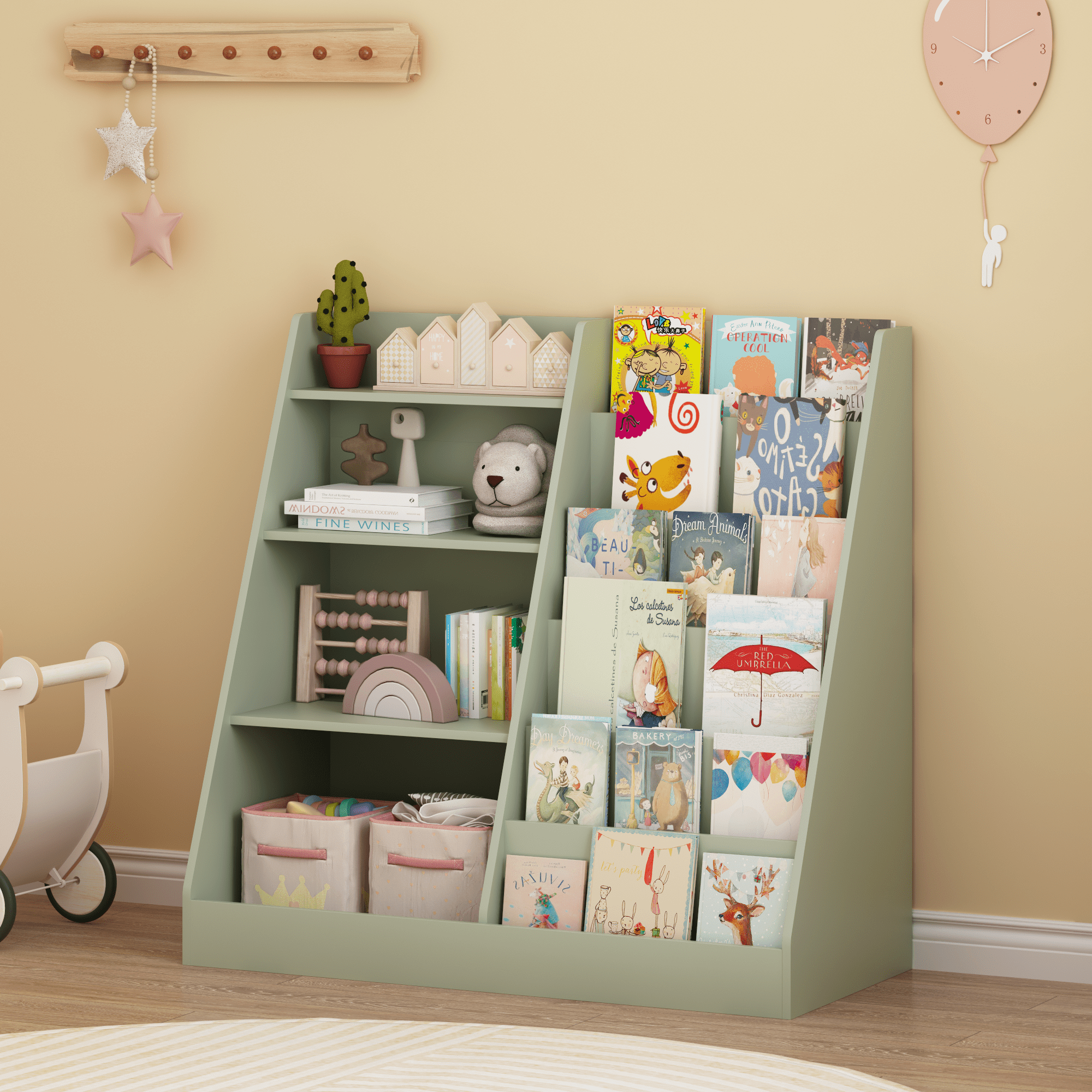 Kids Bookshelf and Toy Storage Organizer, Multifunctional 4 Tier Wooden Kids Book Shelf with Bookcase Display Stand in Kids Room Playroom Nursery for Kids, Children, Toddlers (Sage)