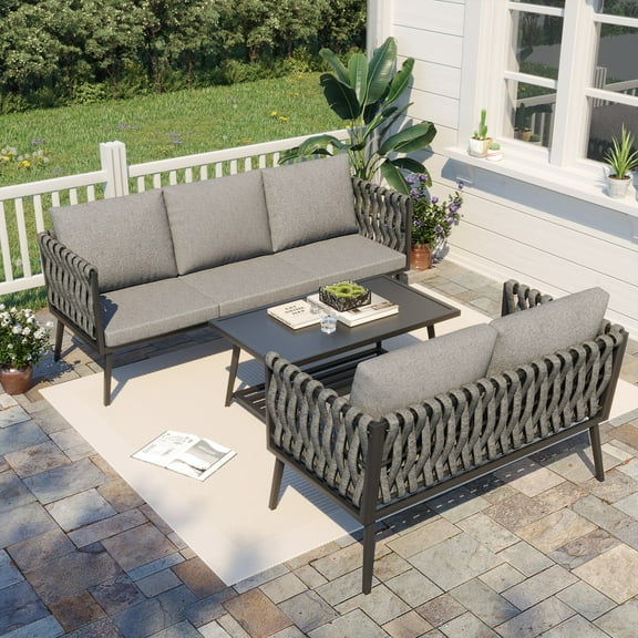 Vicluke Metal Patio Furniture Set, 3 Pieces Outdoor Aluminum Woven Rope Bistro Set with 3-Seater Sofa, Loveseat, Coffee Table, Modern Patio Conversation Set for Balcony, Garden, Yard (5 Seats, Grey)