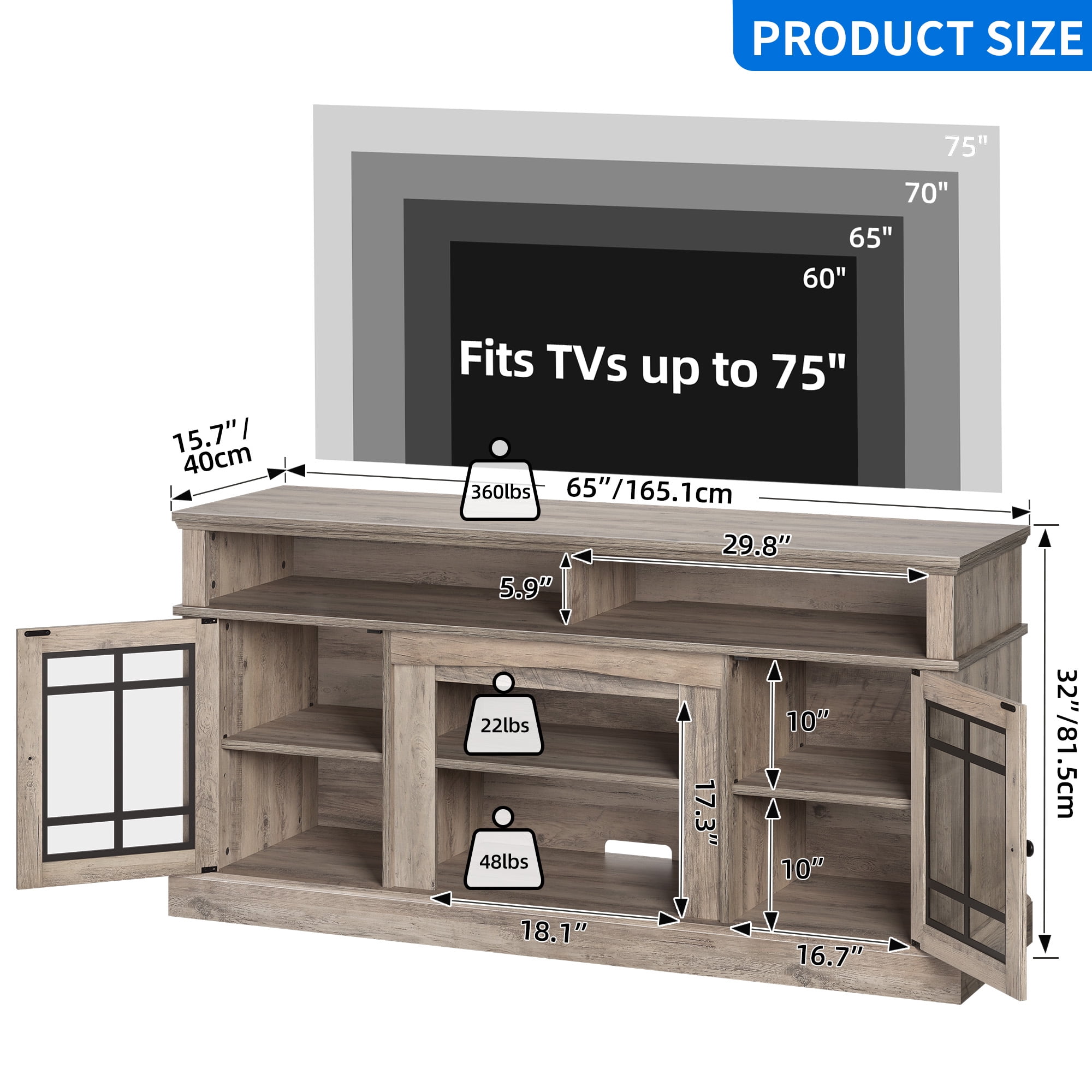 Uforic Farmhouse LED TV Stand for TV up to 70" with Glass Door, Wood TV Media Console for Living Room, Rustic Oak