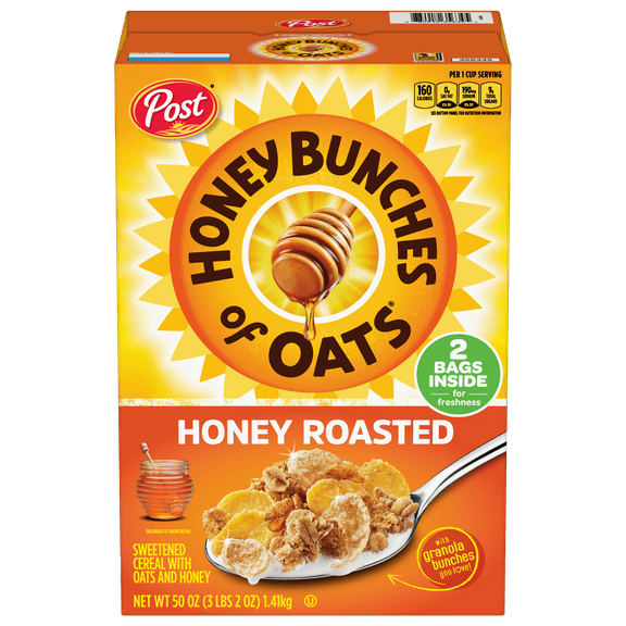 Post Honey Bunches of Oats Honey Roasted Breakfast Cereal, 50 OZ Cereal Box