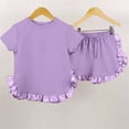 thumbnail image 2 of LNMQLPDBS Girls' Clothing Sets Cloth Splice Satin Ruffle Hem Solid Color Crewneck Short Sleeve Tshirt + Shorts 3pcs Outfits Clothes Toddler Girl Summer Sets for School Daily Home Purple 6-12 Months, 2 of 3
