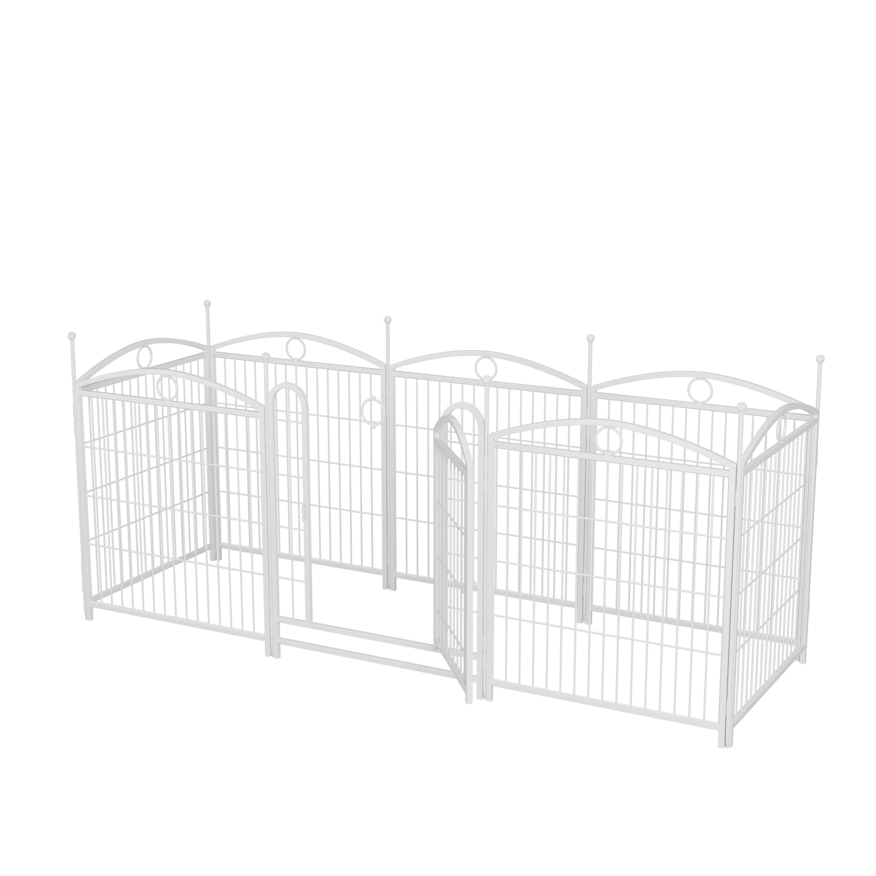 52" White Iron Dog Playpen, 8-Panel Foldable Pet Exercise Pen with Door, 32" Height Fence for Large/Medium/Small Dogs