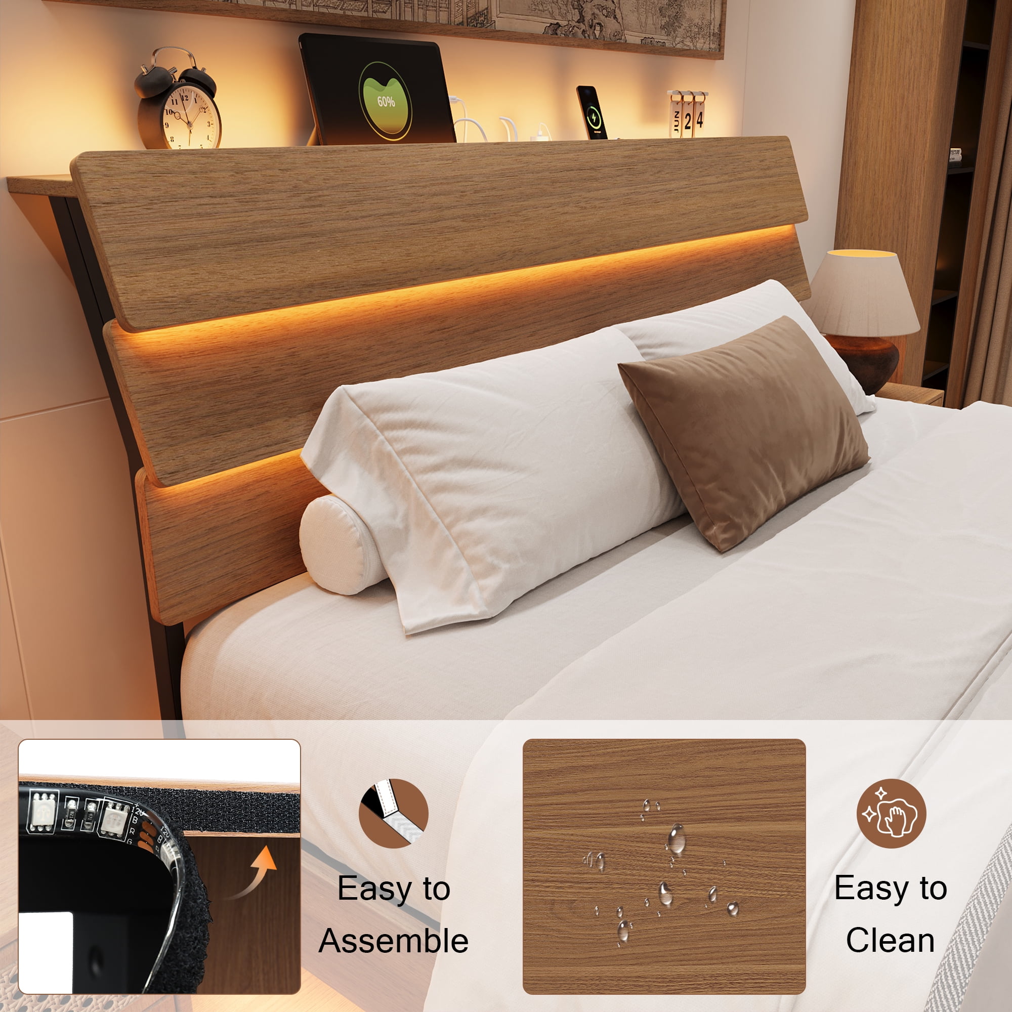 Einhomn Floating Bed Frame King Size with Storage Headboard, LED Lights and Charging Station, No Box Spring Needed