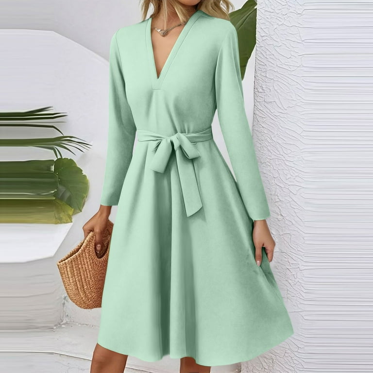 navy blue dress for baby girl Meichang Ribbed Knit Sweater Dress for Women V Neck Long Sleeve Work Dresses  Dressy Casual Winter Fall Mini Short Dress main image 0