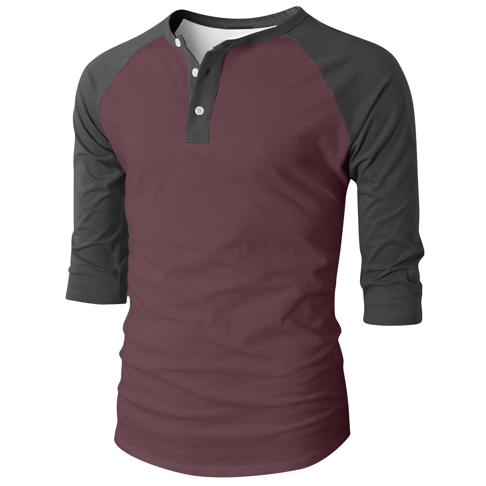 RYRJJ Henley Shirts for Men Raglan 3/4 Sleeve Baseball T-Shirts Color Block Summer Casual Cotton Sport Athletic Tee Tops(Wine,XL)