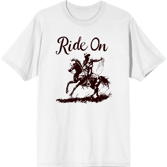 Cowboy "Ride On" Adult White Crew Neck Short Sleeve Tee-Medium