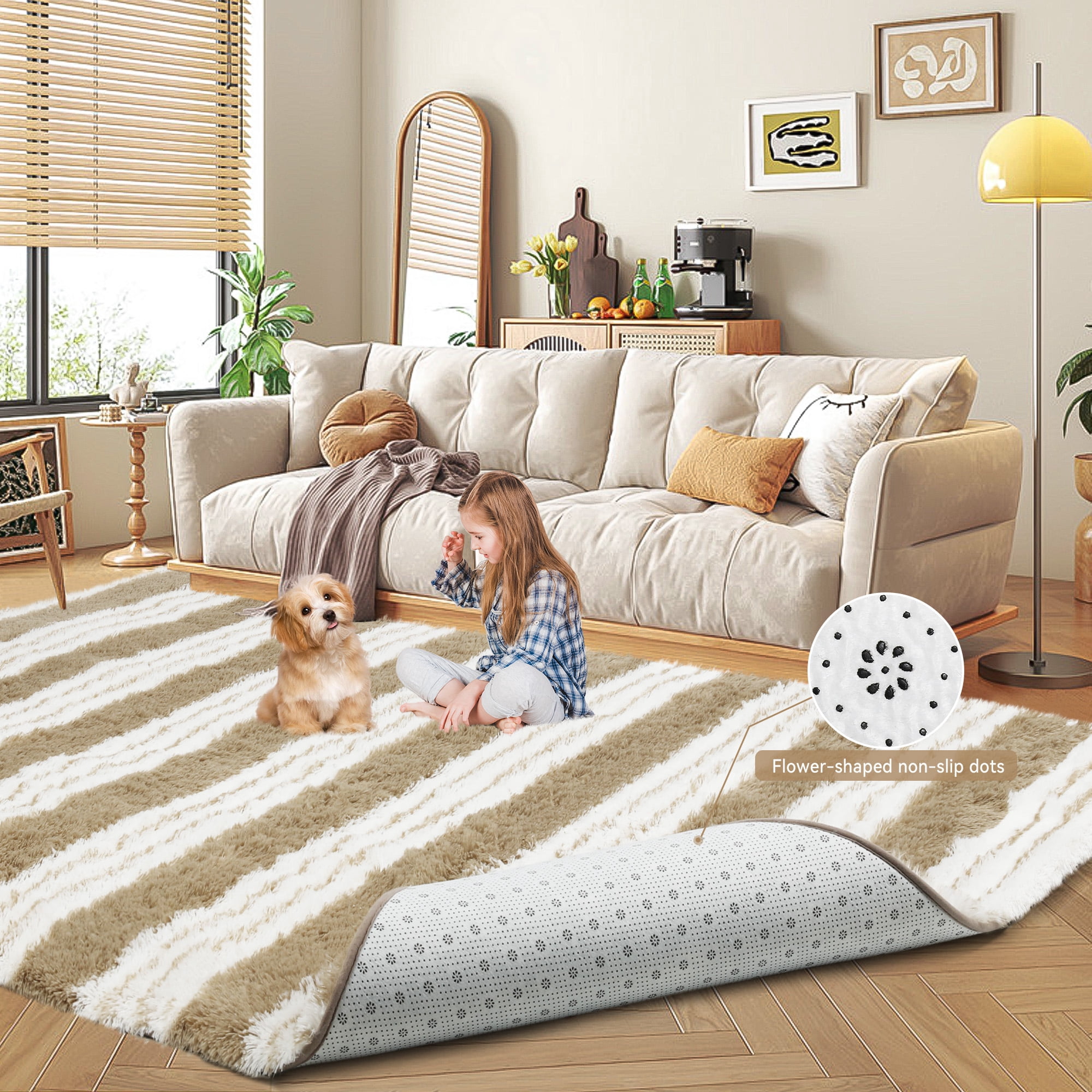 CozyDesg Soft Area Rugs for Living Room Bedroom,Large Rug Fluffy Fuzzy Shag Shaggy Soft Plush Carpet,Indoor Floor Carpet for Dining Room Home Decor,Beige & White