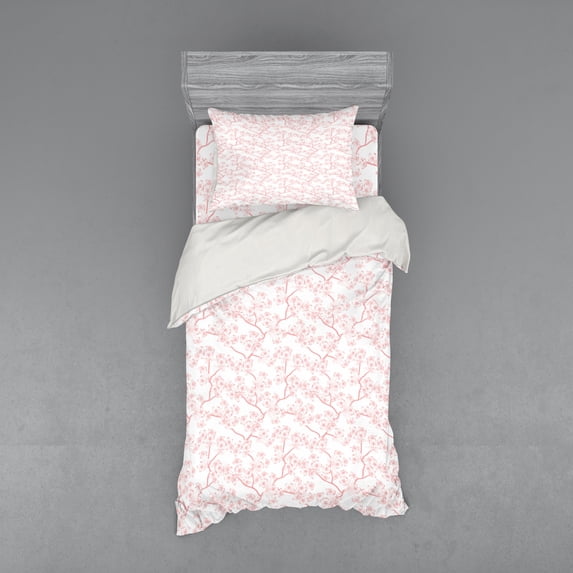 Ambesonne Japanese Bedding Set 3 Pcs, Spring Cherry Flourish, Twin, Coral White