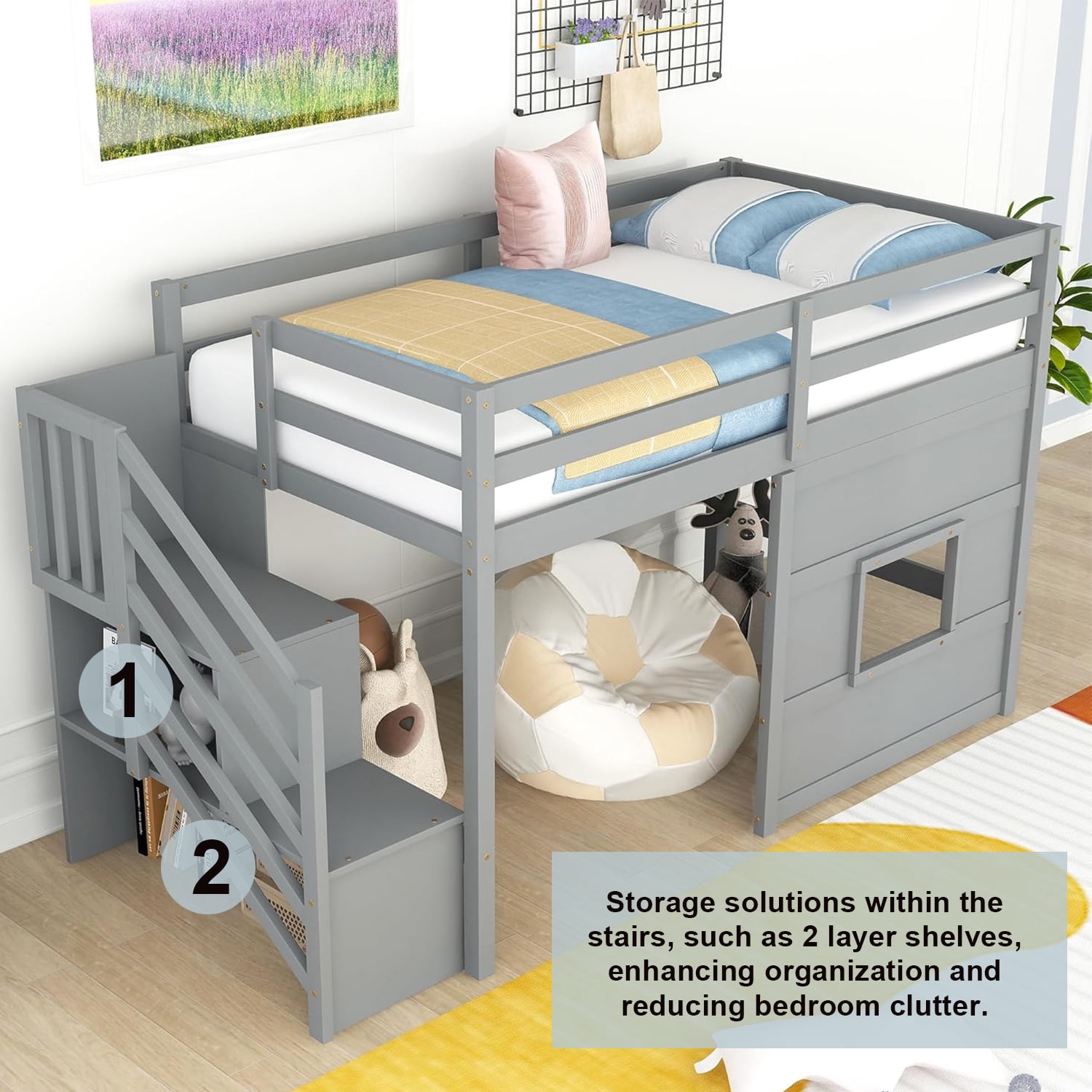 Bellemave Low Loft Bed with Stairs, Twin Size Loft Bed with LED Light and Storage Space, Wood Loft Bed Frame for Bedroom (Gray)