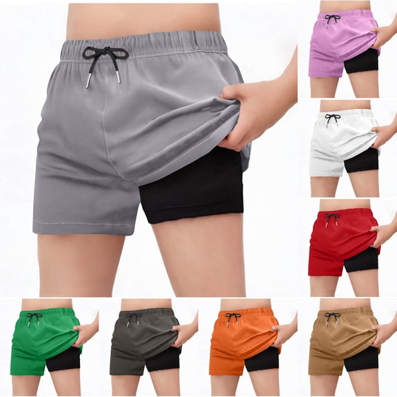 SGFCWSX Boys 2-in-1 Athletic Shorts Elastic Waist Quick Dry Running Swimming Compression Liner Shorts for Teens Gray Size 12-13 Years