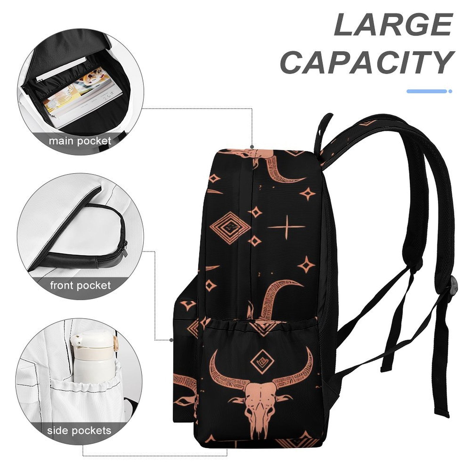 Large Capacity Half Print Backpack 11.8×16.5×5.9in Multifunctional Zipper Design Convenient Switch Bohemian Cow Skull