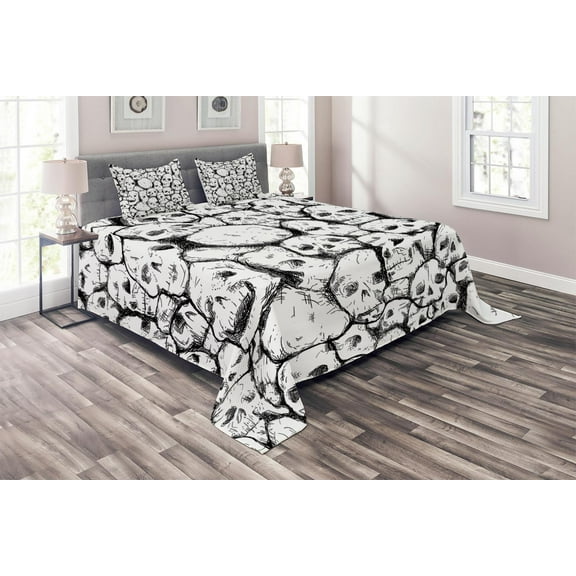 Ambesonne White Quilted Coverlet 3 Pcs, Grungy Skulls Halloween, Queen Size, White Black