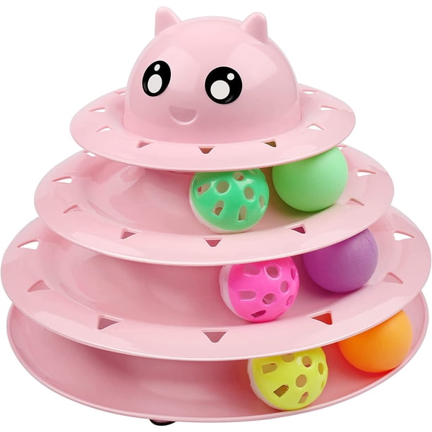 Juguete para gatos con plataforma giratoria de nivel 3 y pelota, con seis pelotas de colores. Juguete interactivo, divertido y educativo para gatitos. (Rosa) 1 unidad.
