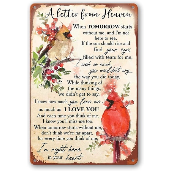 Vintage Cardinal Metal Wall Sign Warm Wish Poem Red Bird Tin Sign Home Memory Gift for Mom Dad Son 12×8 Inch