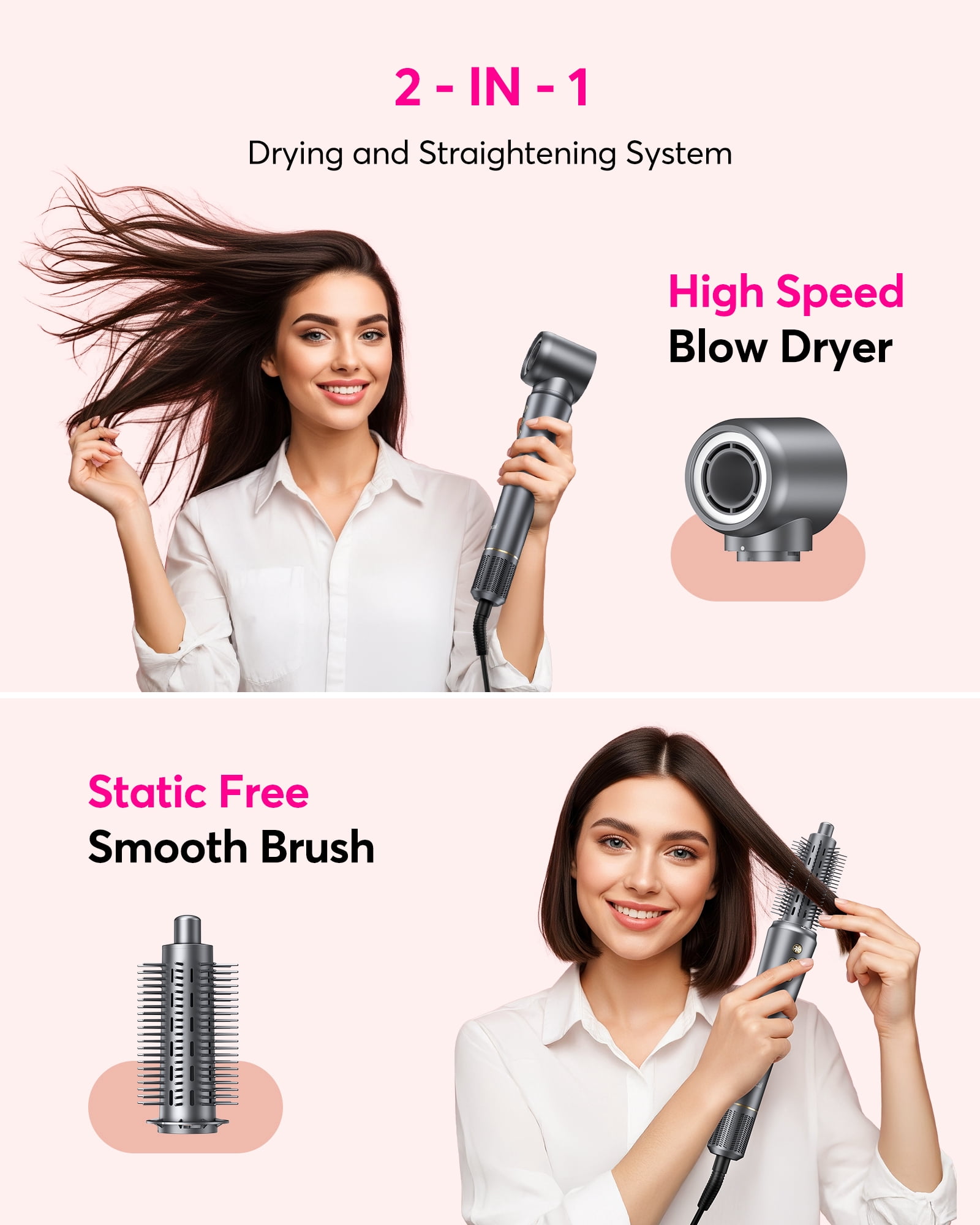 Bopcal 2 in 1 Hair Dryer Brush for Travel -  Fast Drying and Straightening, Negative Ionic Hair Dryer, Auto-Rotating Round Brush,for All Hair Types,Gray