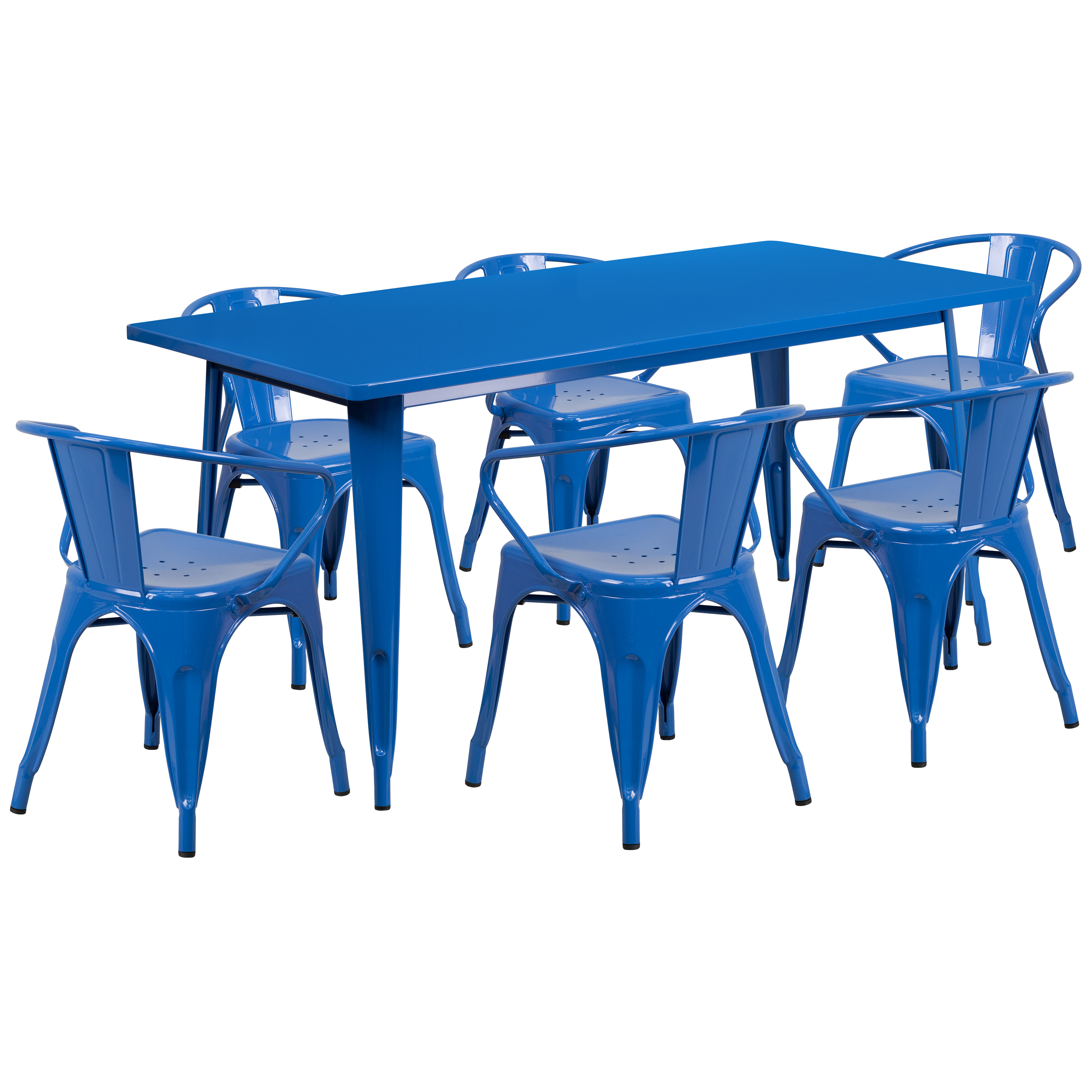 Emma + Oliver Commercial Grade Rectangular Blue Metal Indoor-Outdoor Table Set-6 Arm Chairs - image 2 of 5