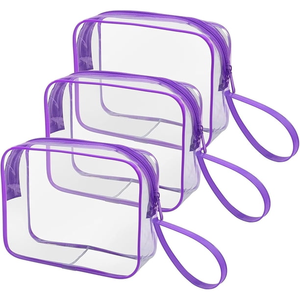 Neceser de Viaje Transparente TSA, Bolsa de Maquillaje PVC Impermeable con Asa, Costuras Reforzadas, para Equipaje de Mano, Unisex para Cosméticos y Aseo Purple