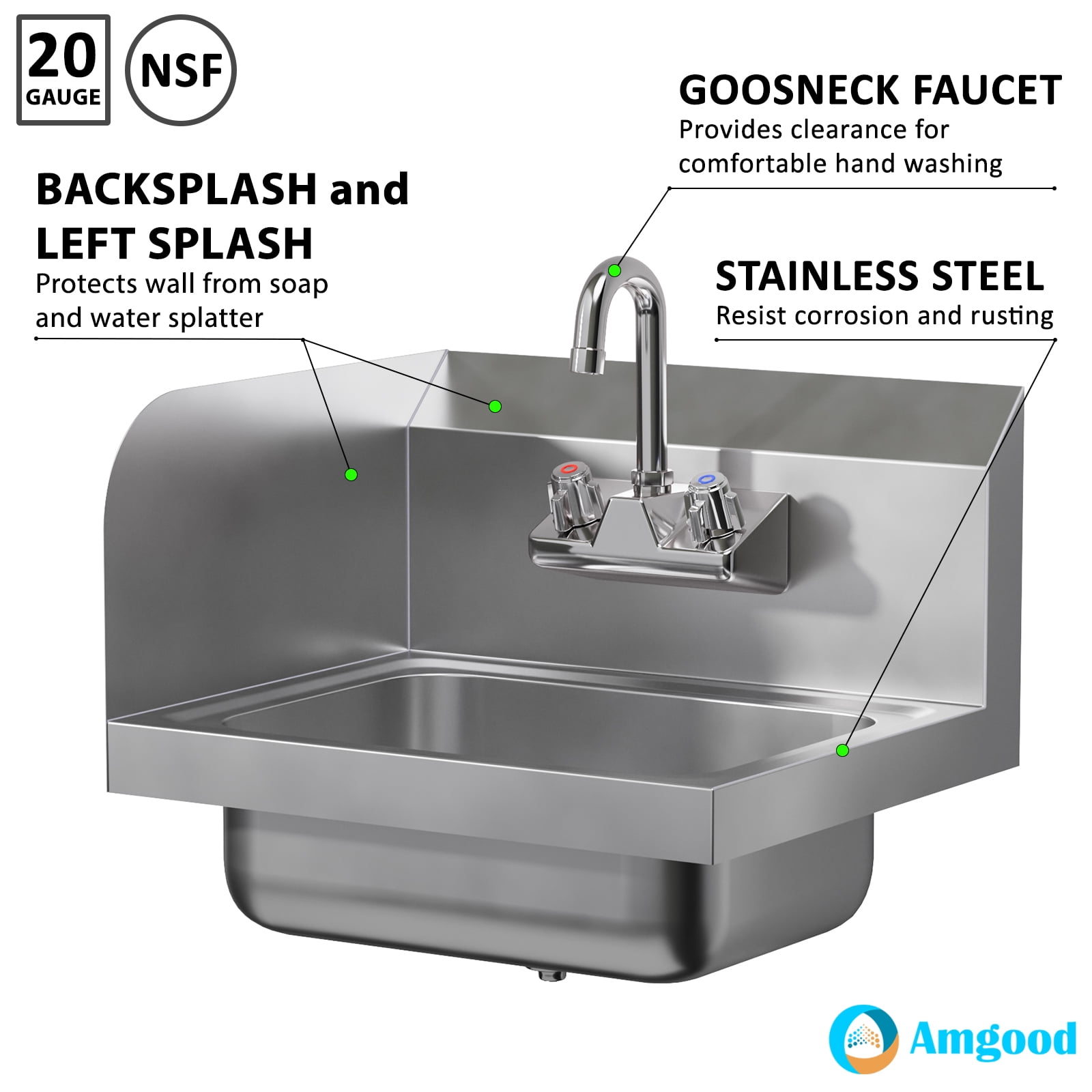 Stainless Steel Wall Mounted Hand Sink 17 in. x 15 in. with Left Side Splash and Gooseneck Faucet