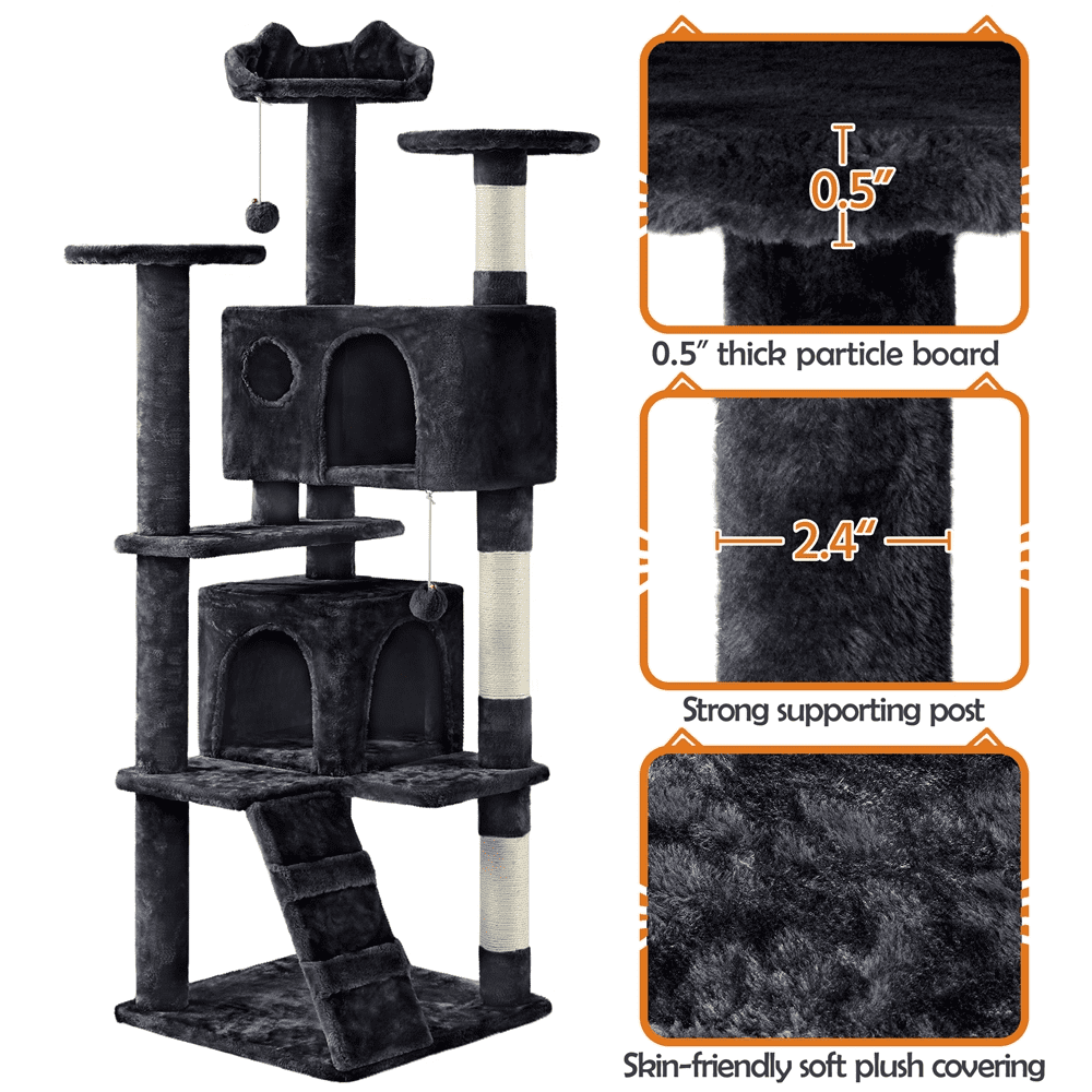 Alden Design 61.5''H Double Condo Cat Tree with Scratching Post Tower, Black