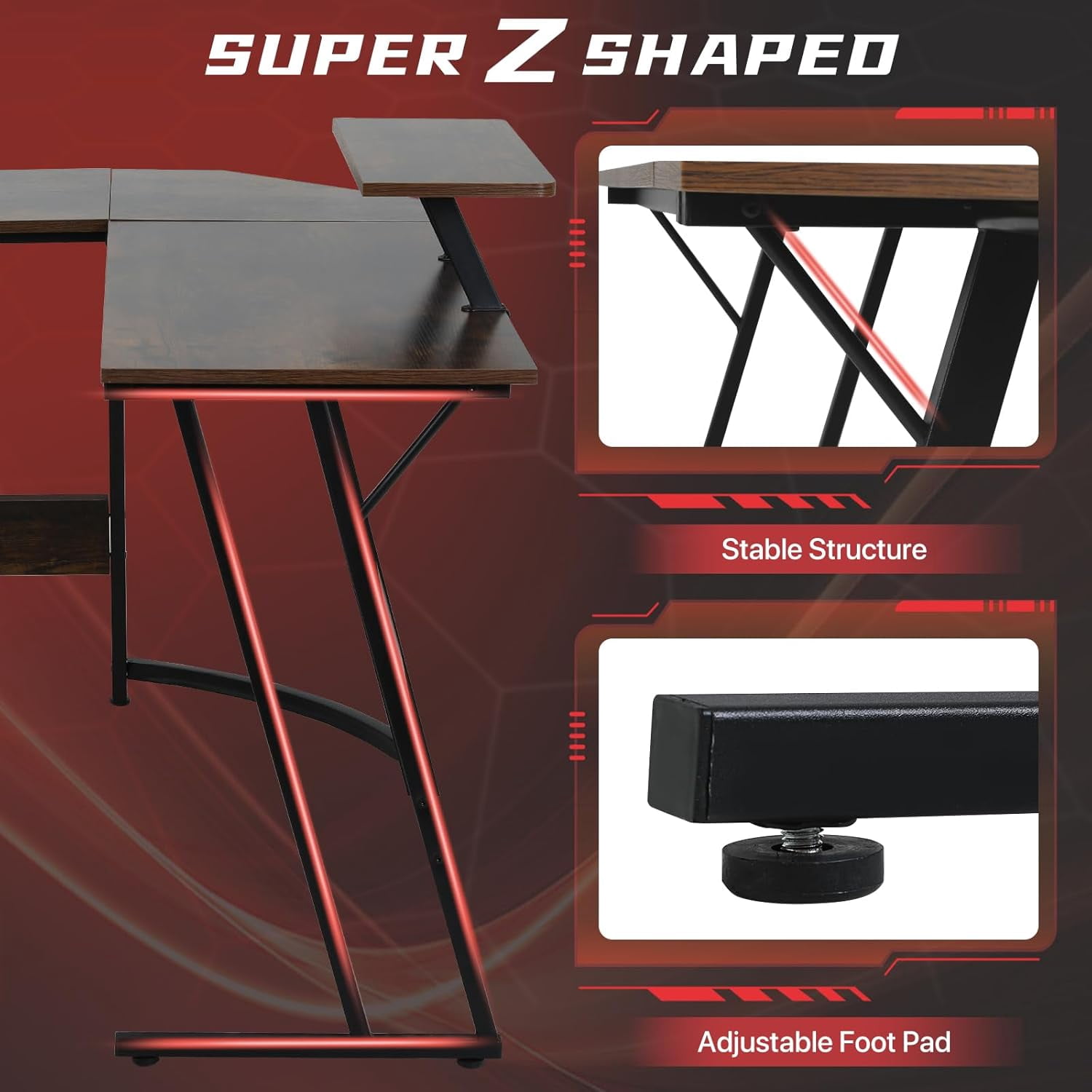 CL.HPAHKL L Shaped Gaming Desk, Corner Computer Desk Table with Monitor Stand for Home Office Study Writing, Brown