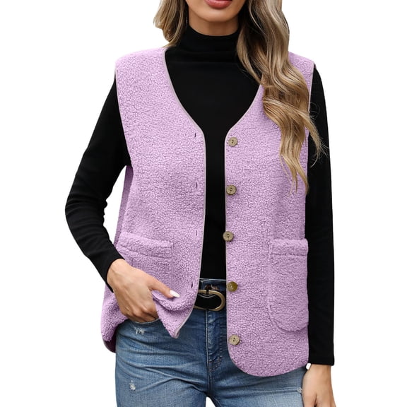 ClodeEU Women's V Neck Sherpa Vest ,Fleece Soft Vest,Loose Fit Button Down Sleeveless Outerwear With Pockets Purple,Womens Plus S