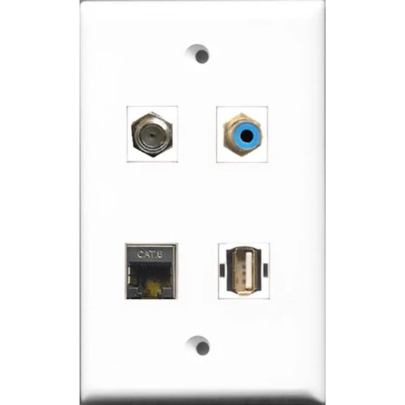 RiteAV 1 Port RCA Blue and 1 Port Coax Cable TV- F-Type and 1 Port USB A-A and 1 Port Shielded Cat6 Ethernet Wall Plate