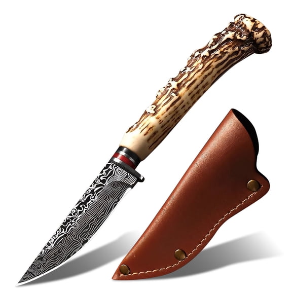 Hunting Knife with Leather Sheath - Ideal for Chopping, Camping Outdoor - Fixed Blade Bushcraft Knife - Gift for Men