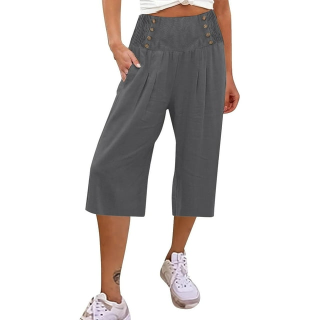 Timegard Capri Pants for Women Wide Leg Elastic High Waisted Button Ruched Casual Loose Cropped Trousers