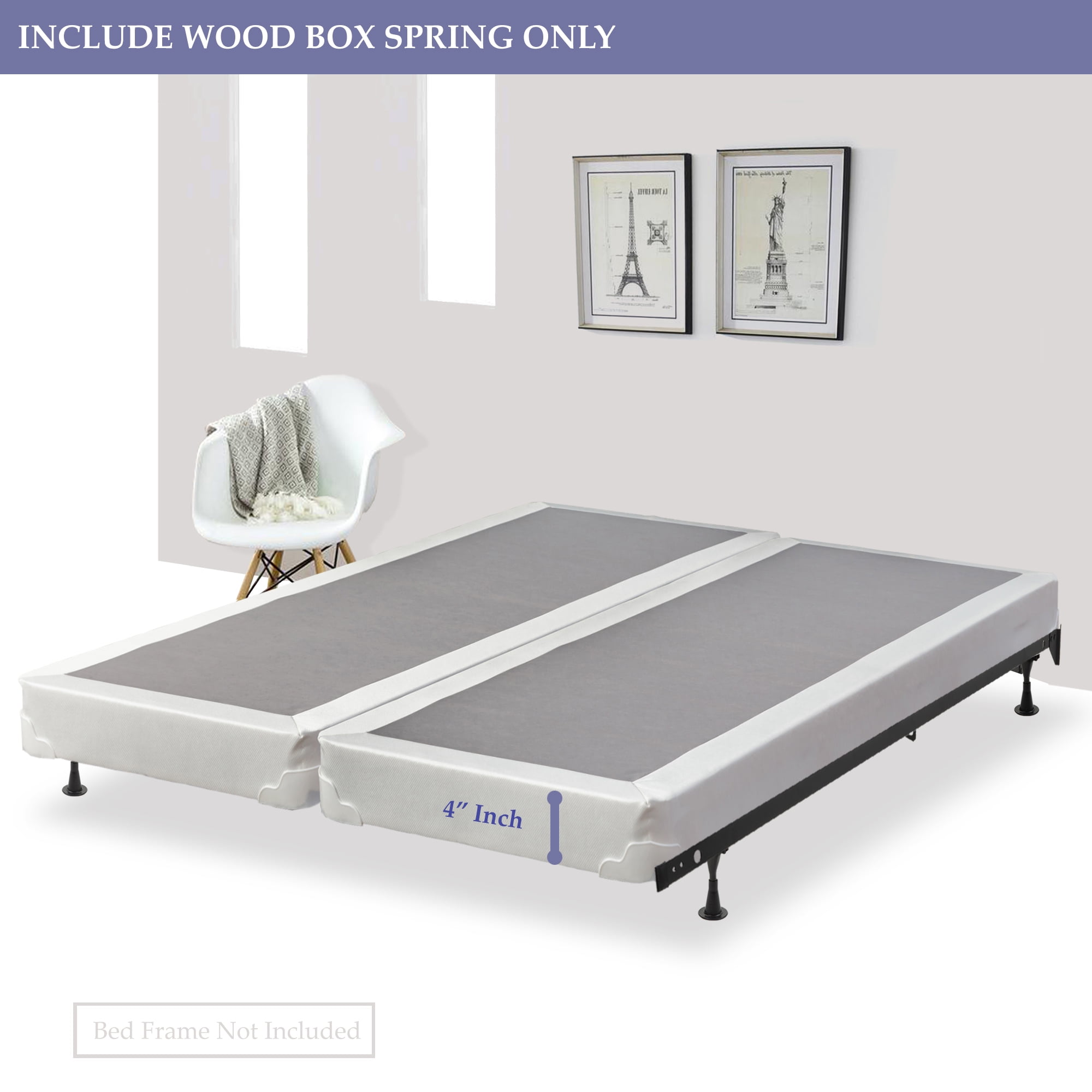 Wayton, 4" Split Sturdy Fully Assembled Wood Box Spring for Mattress, Full, White