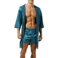 thumbnail image 2 of Fancy Men Hooded Loose Satin Silk Bathrobe Pajamas Sleepwear Gown Bath Robe Nightwear Dark Blue XL, 2 of 12
