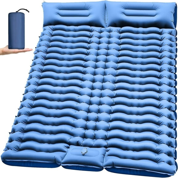 Double Camping Sleeping Pad, 4" Extra Thick Camping Sleeping Mat for 2 with Air Pillow/Foot Pump, Waterproof Double Camping Inflatable Mat Blue Inflatable Pad for Backpacking Hiking Traveling Tent